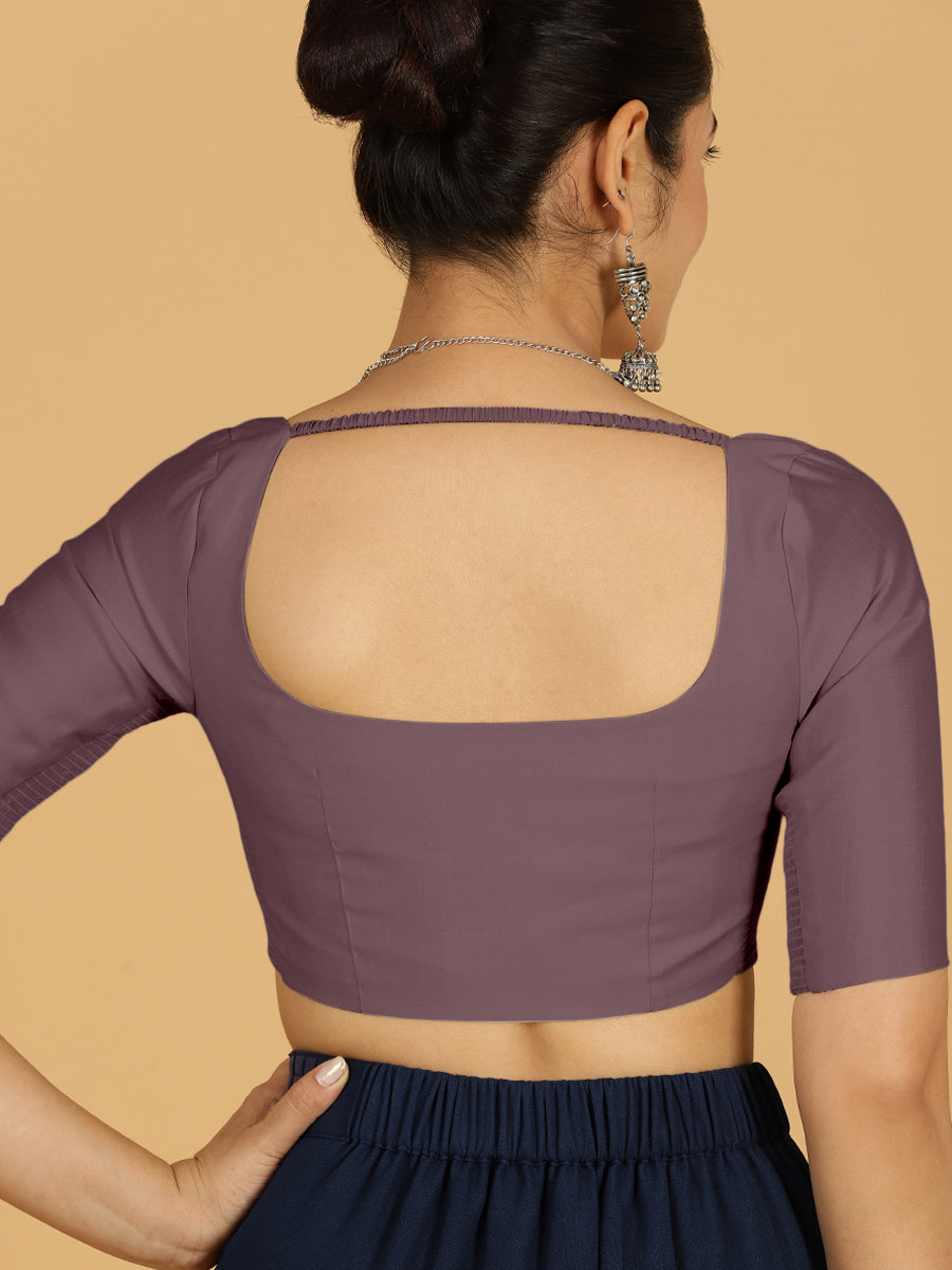 Nidhi x Rozaana Saree Blouse, in Purple Viscose, featuring elbow sleeves and scoop neckline, made for daily & work (view 2).