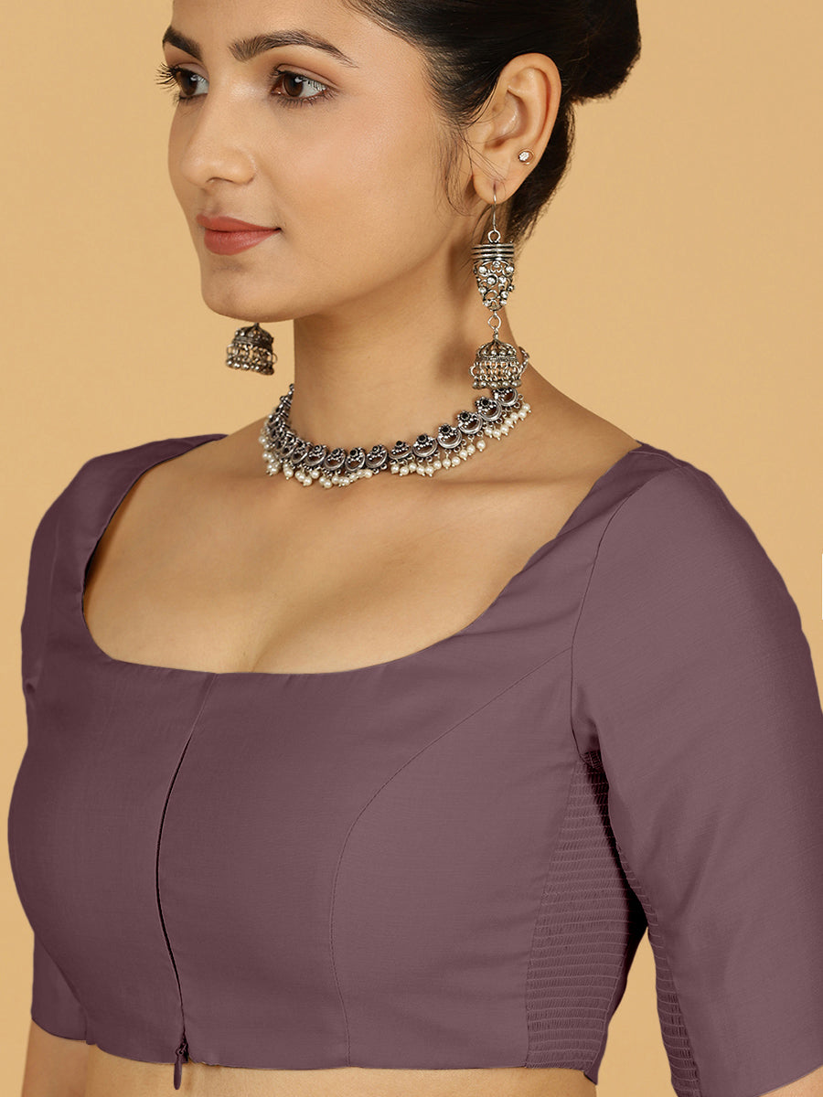 Nidhi x Rozaana Saree Blouse, in Purple Viscose, featuring elbow sleeves and scoop neckline, made for daily & work (view 5).