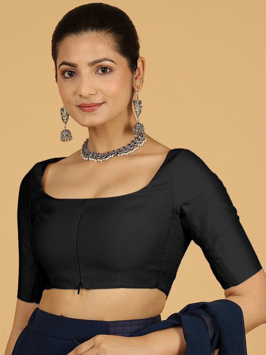 Nidhi x Rozaana Saree Blouse, in Black Viscose, featuring elbow sleeves and scoop neckline, made for daily & work (view 6).