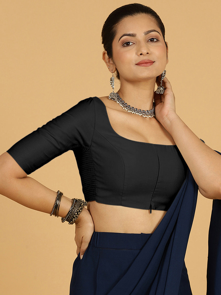 Nidhi x Rozaana Saree Blouse, in Black Viscose, featuring elbow sleeves and scoop neckline, made for daily & work (view 7).