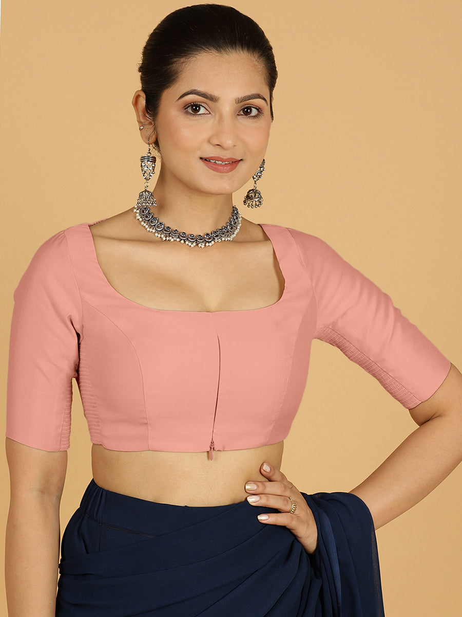 Nidhi x Rozaana Saree Blouse, in Pink Viscose, featuring elbow sleeves and scoop neckline, made for daily & work (view 2).