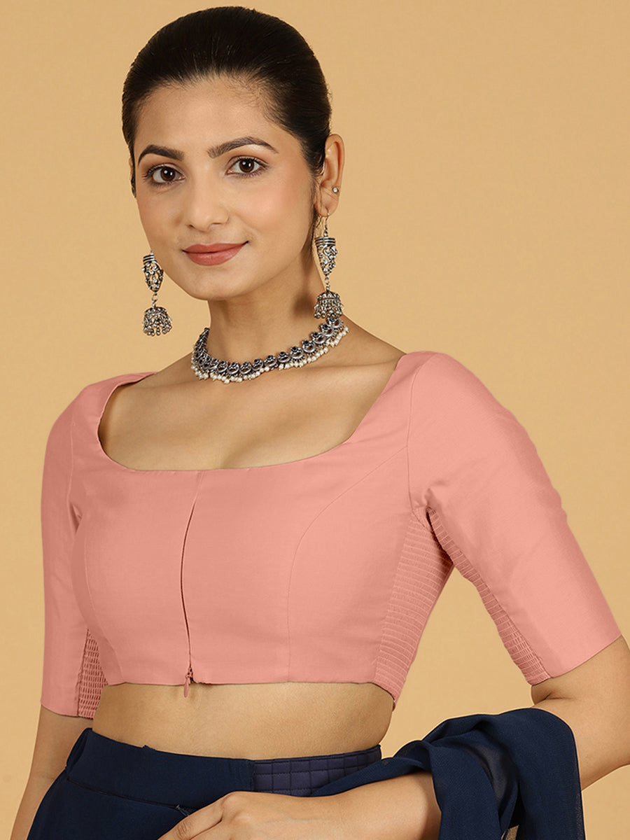 Nidhi x Rozaana Saree Blouse, in Pink Viscose, featuring elbow sleeves and scoop neckline, made for daily & work (view 7).
