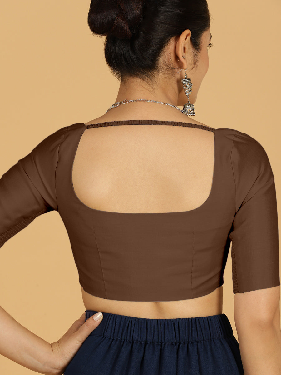 Nidhi x Rozaana Saree Blouse, in Brown Viscose, featuring elbow sleeves and scoop neckline, made for daily & work (view 2).