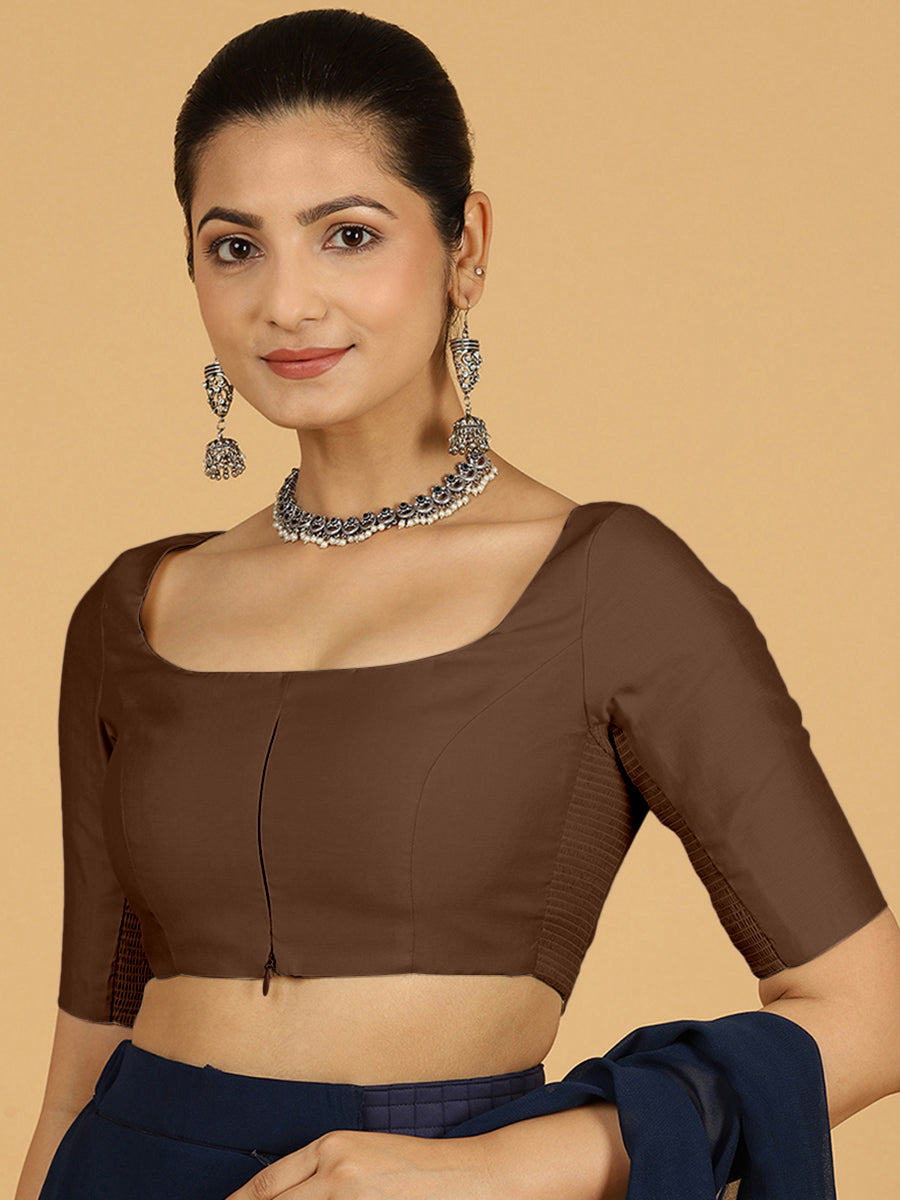 Nidhi x Rozaana Saree Blouse, in Brown Viscose, featuring elbow sleeves and scoop neckline, made for daily & work (view 6).
