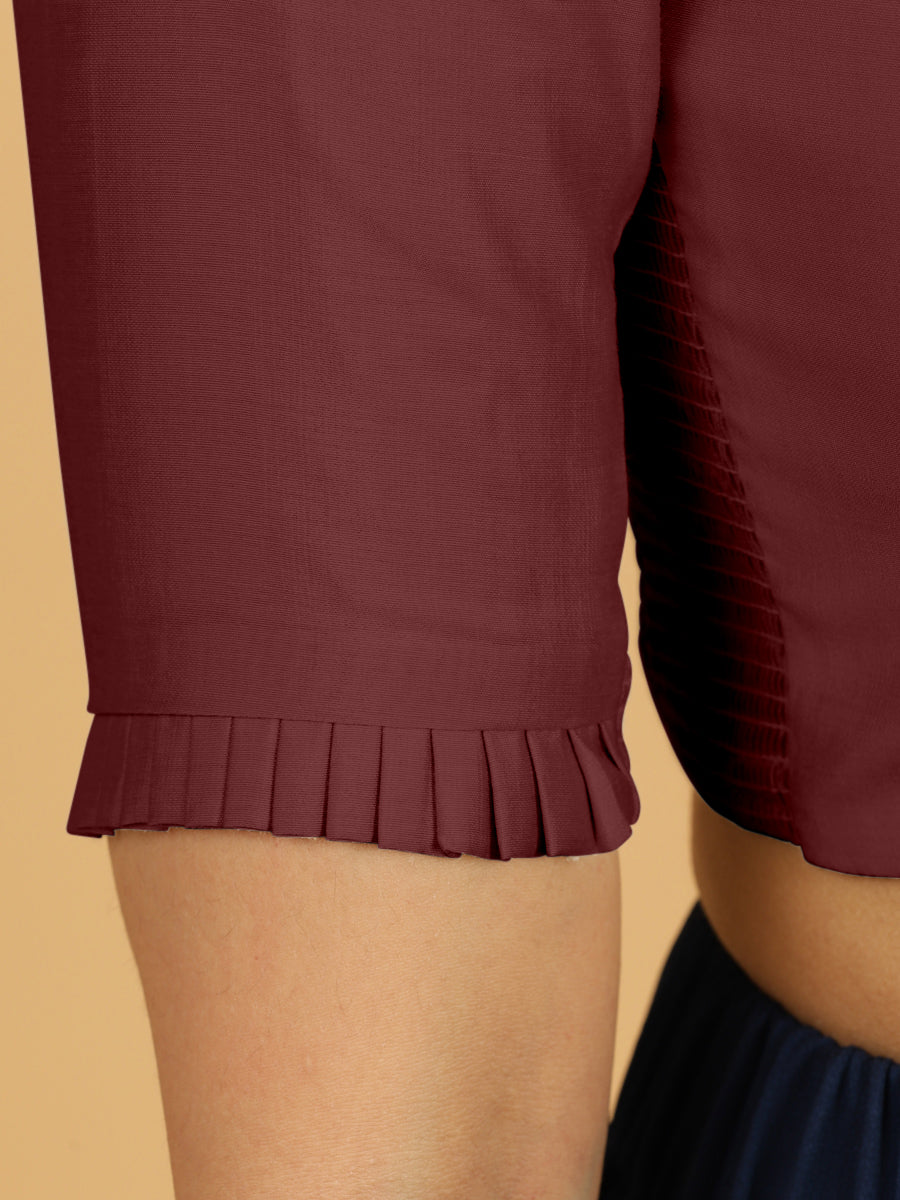 Nihira x Rozaana Saree Blouse, in Maroon Viscose, featuring elbow sleeves and square neckline, made for daily & work (view 5).