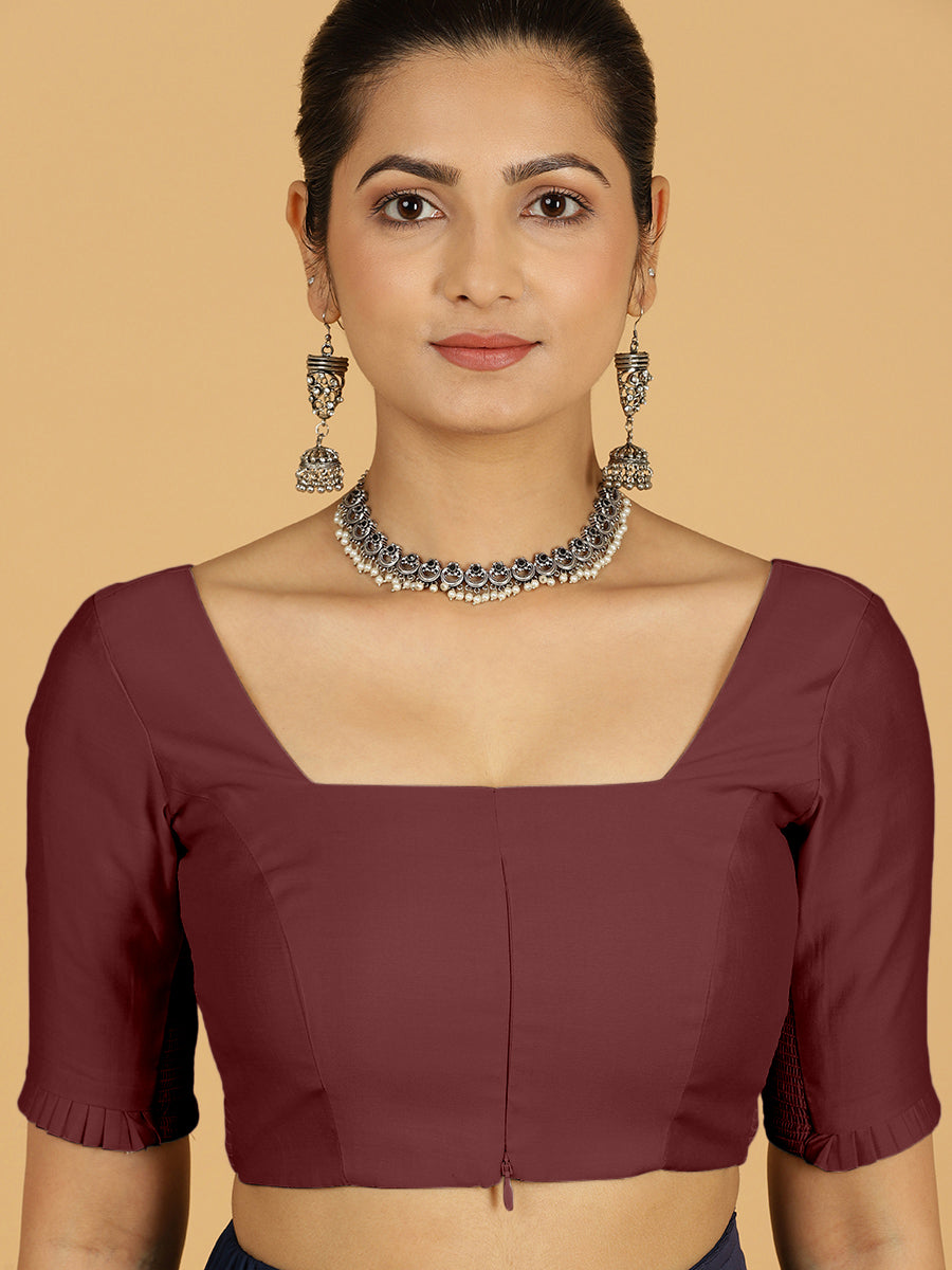 Nihira x Rozaana Saree Blouse, in Maroon Viscose, featuring elbow sleeves and square neckline, made for daily & work (view 6).