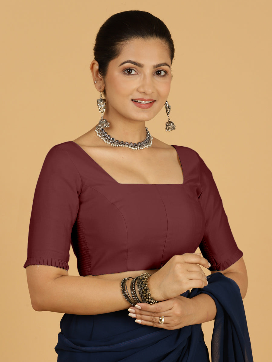 Nihira x Rozaana Saree Blouse, in Maroon Viscose, featuring elbow sleeves and square neckline, made for daily & work (view 7).