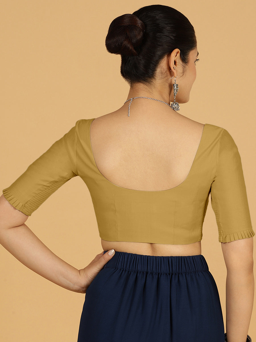 Nihira x Rozaana Saree Blouse, in Yellow Viscose, featuring elbow sleeves and square neckline, made for daily & work (view 2).