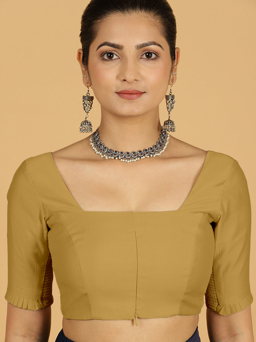Nihira x Rozaana Saree Blouse, in Yellow Viscose, featuring elbow sleeves and square neckline, made for daily & work (view 6).