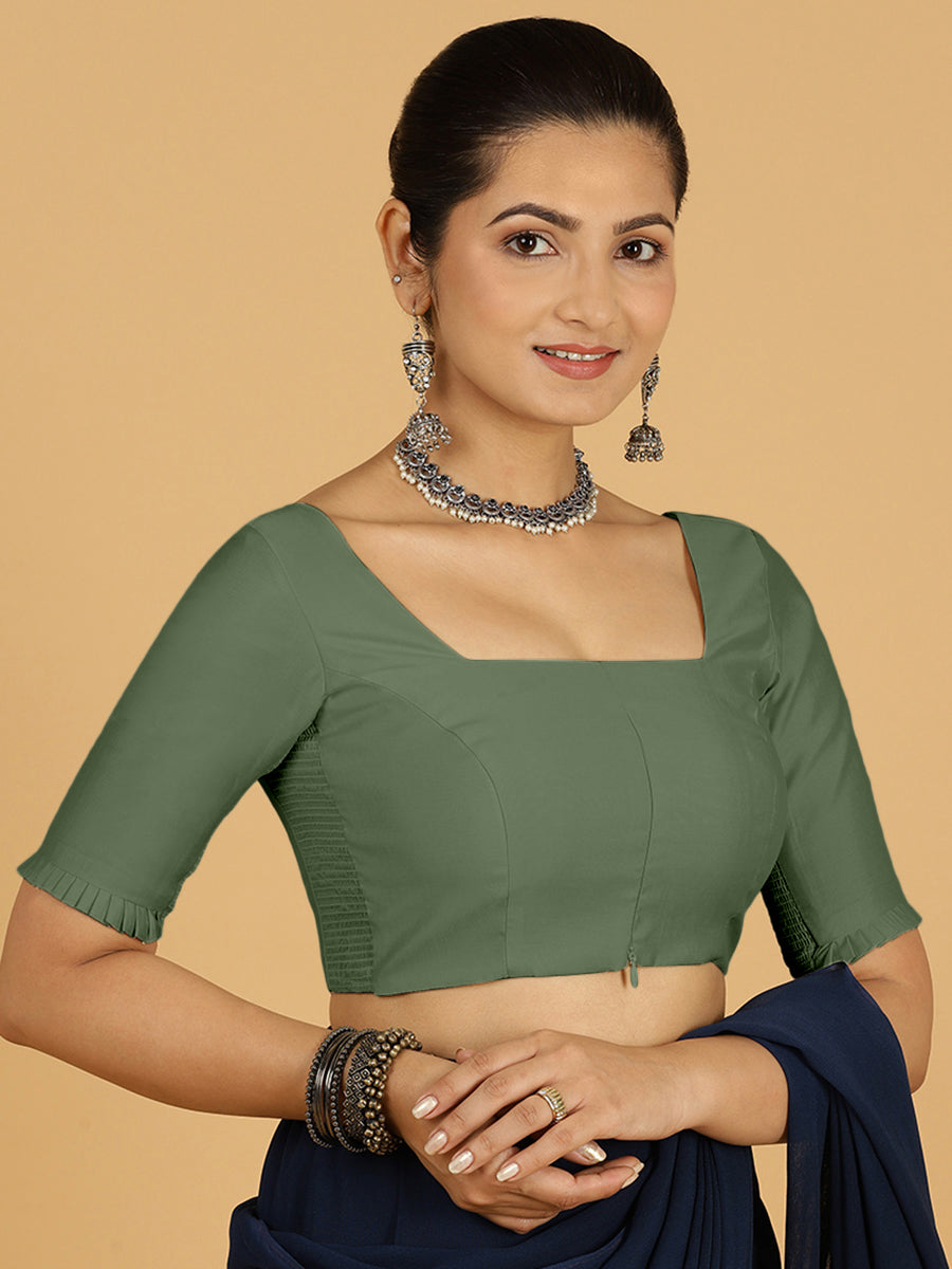 Nihira x Rozaana Saree Blouse, in Green Viscose, featuring elbow sleeves and square neckline, made for daily & work.