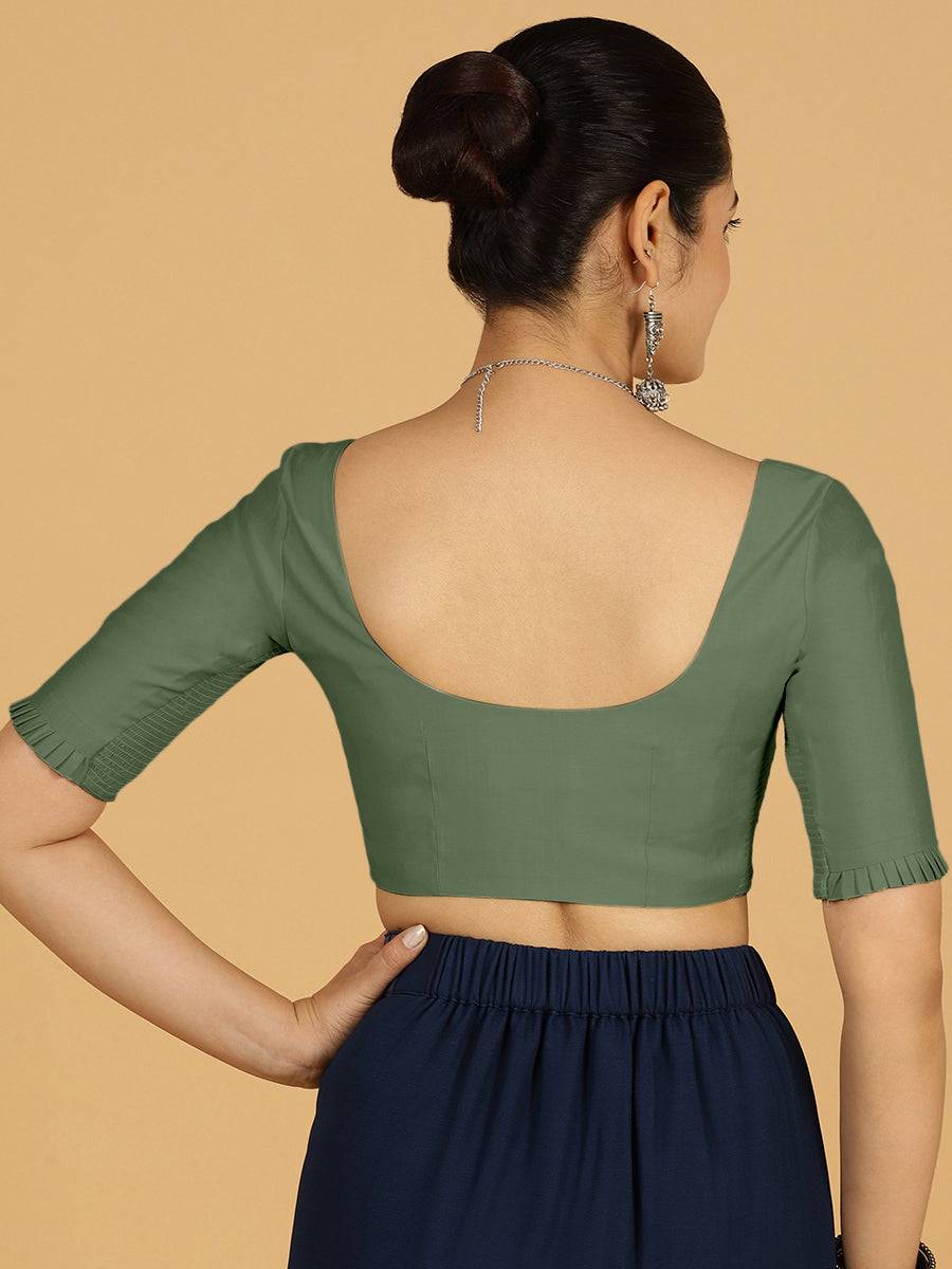 Nihira x Rozaana Saree Blouse, in Green Viscose, featuring elbow sleeves and square neckline, made for daily & work (view 2).