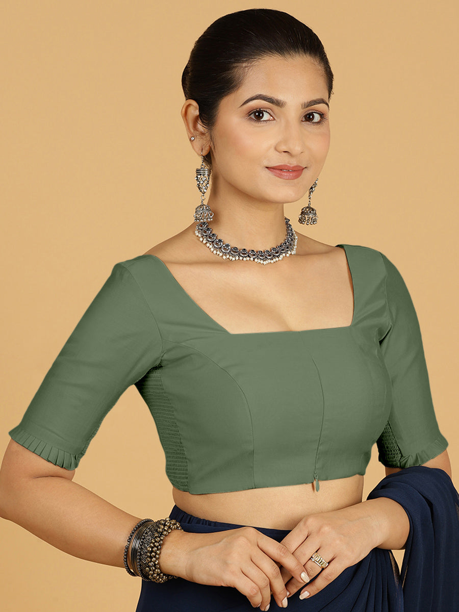 Nihira x Rozaana Saree Blouse, in Green Viscose, featuring elbow sleeves and square neckline, made for daily & work (view 7).