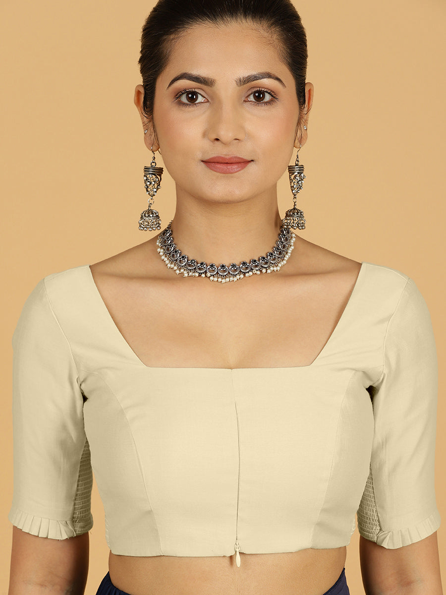 Nihira x Rozaana Saree Blouse, in Cream Viscose, featuring elbow sleeves and square neckline, made for daily & work (view 6).