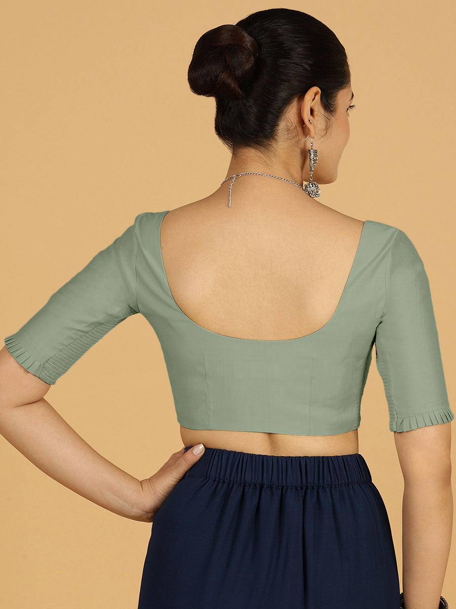 Nihira x Rozaana Saree Blouse, in Green Viscose, featuring elbow sleeves and square neckline, made for daily & work (view 2).