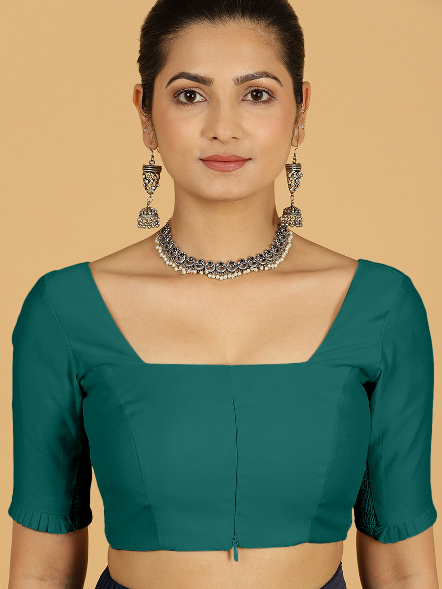 Nihira x Rozaana Saree Blouse, in Green Viscose, featuring elbow sleeves and square neckline, made for daily & work (view 6).