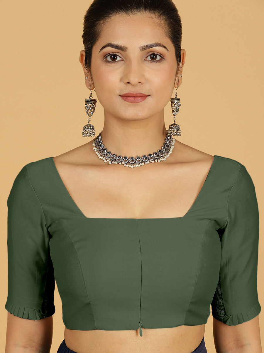Nihira x Rozaana Saree Blouse, in Green Viscose, featuring elbow sleeves and square neckline, made for daily & work (view 6).