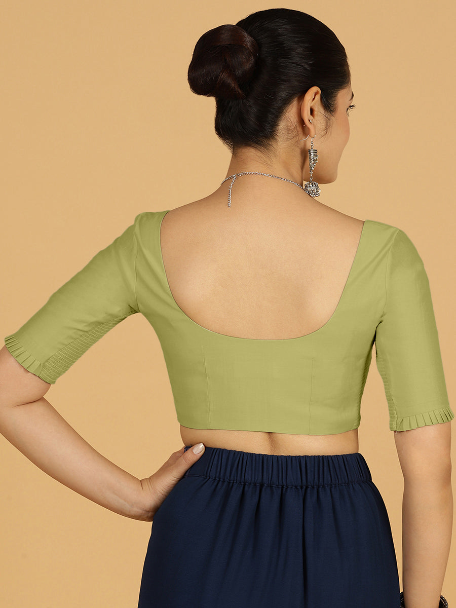 Nihira x Rozaana Saree Blouse, in Green Viscose, featuring elbow sleeves and stylised neckline, made for daily & work (view 2).