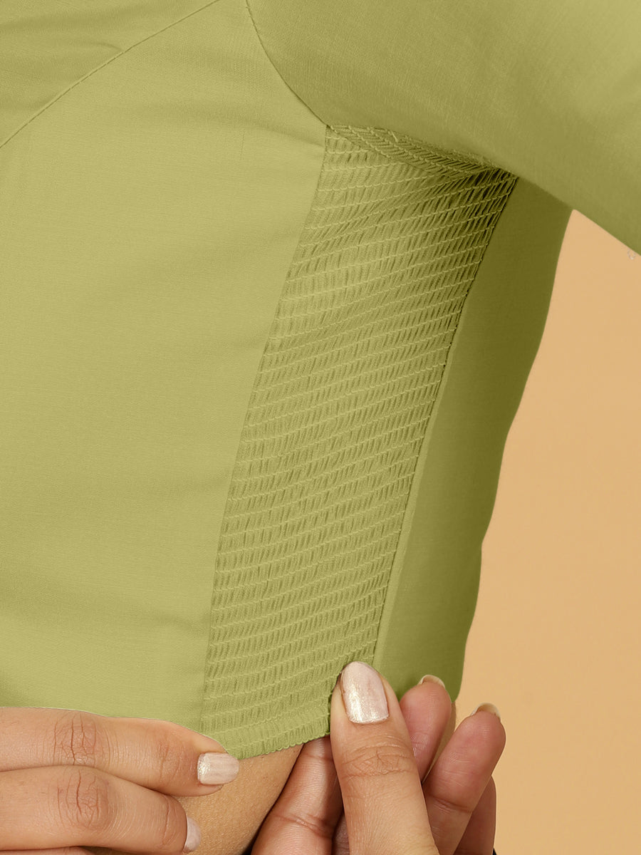 Nihira x Rozaana Saree Blouse, in Green Viscose, featuring elbow sleeves and stylised neckline, made for daily & work (view 3).