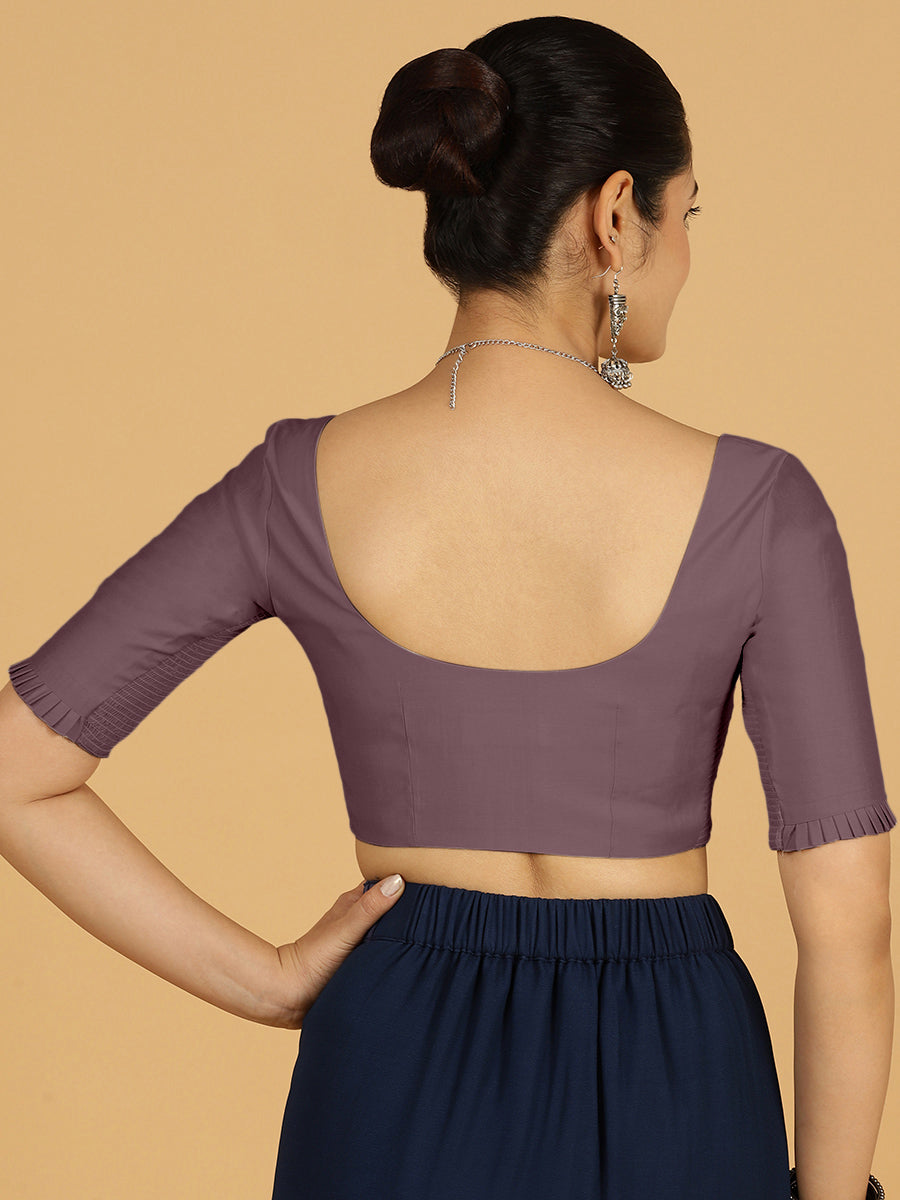 Nihira x Rozaana Saree Blouse, in Purple Viscose, featuring elbow sleeves and square neckline, made for daily & work (view 2).