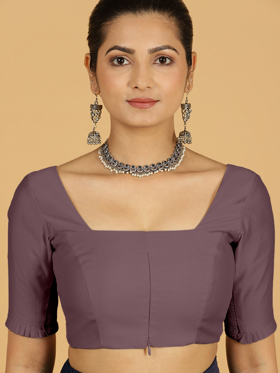 Nihira x Rozaana Saree Blouse, in Purple Viscose, featuring elbow sleeves and square neckline, made for daily & work (view 6).