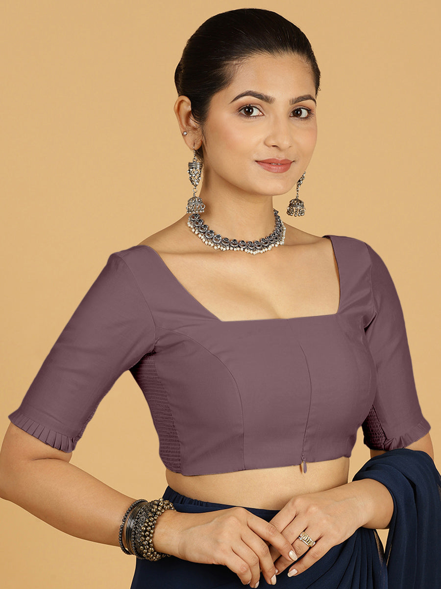 Nihira x Rozaana Saree Blouse, in Purple Viscose, featuring elbow sleeves and square neckline, made for daily & work (view 7).