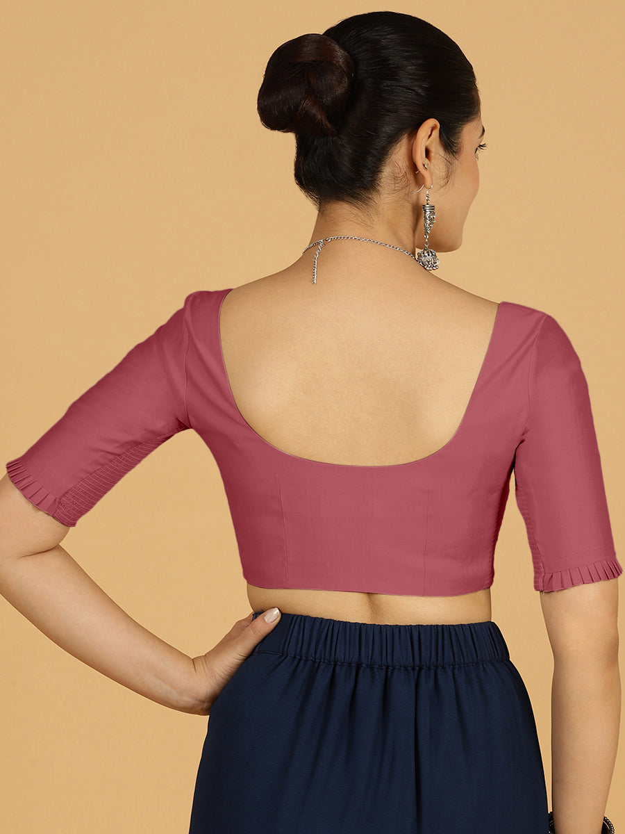 Nihira x Rozaana Saree Blouse, in Pink Viscose, featuring elbow sleeves and square neckline, made for daily & work (view 2).