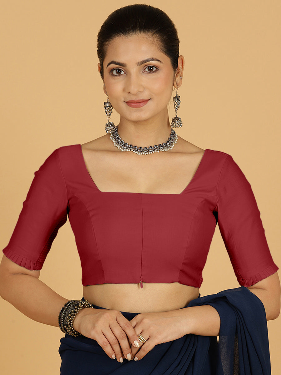 Nihira x Rozaana Saree Blouse, in Red Viscose, featuring elbow sleeves and square neckline, made for daily & work.