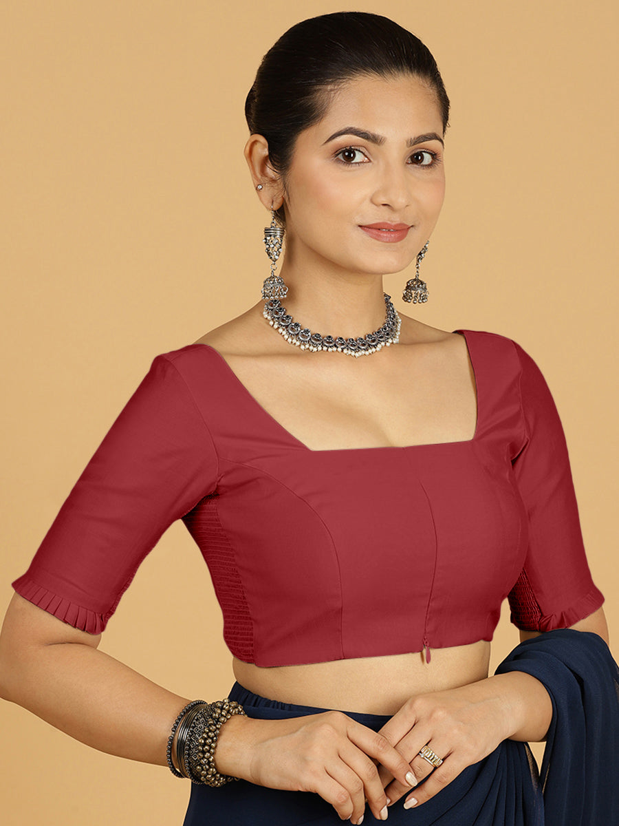 Nihira x Rozaana Saree Blouse, in Red Viscose, featuring elbow sleeves and square neckline, made for daily & work (view 7).