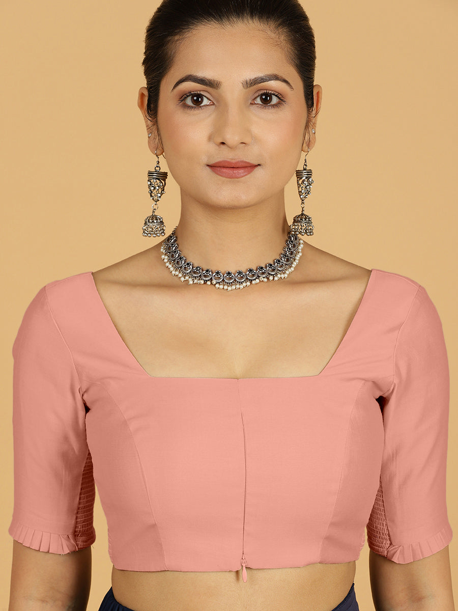 Nihira x Rozaana Saree Blouse, in Pink Viscose, featuring elbow sleeves and square neckline, made for daily & work (view 6).