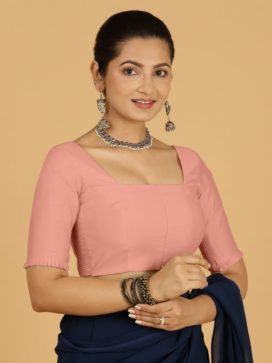 Nihira x Rozaana Saree Blouse, in Pink Viscose, featuring elbow sleeves and square neckline, made for daily & work (view 7).