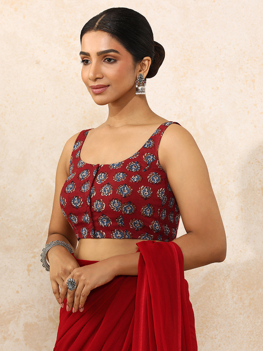 Niki x Rozaana Saree Blouse, in Red 100% Cotton - Block Printed, featuring sleeveless and round neckline (view 6).