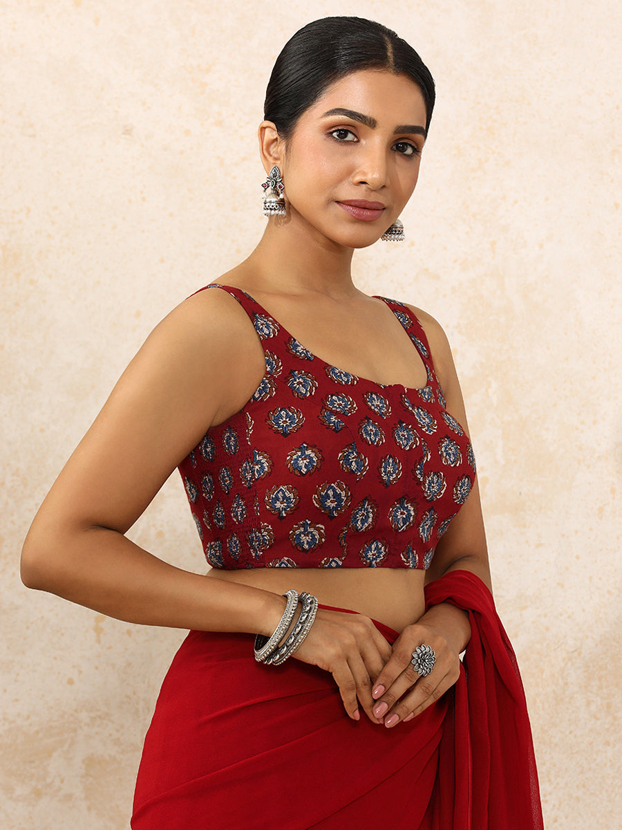 Niki x Rozaana Saree Blouse, in Red 100% Cotton - Block Printed, featuring sleeveless and round neckline (view 7).