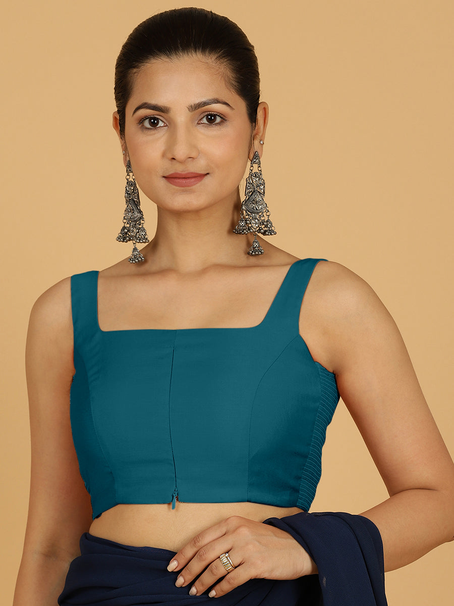 Nirma x Rozaana Saree Blouse, in Blue Viscose, featuring sleeveless and square neckline, made for daily & work.