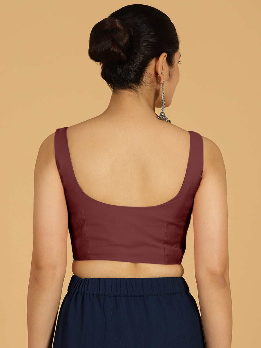 Nirma x Rozaana Saree Blouse, in Maroon Viscose, featuring sleeveless and square neckline, made for daily & work (view 2).