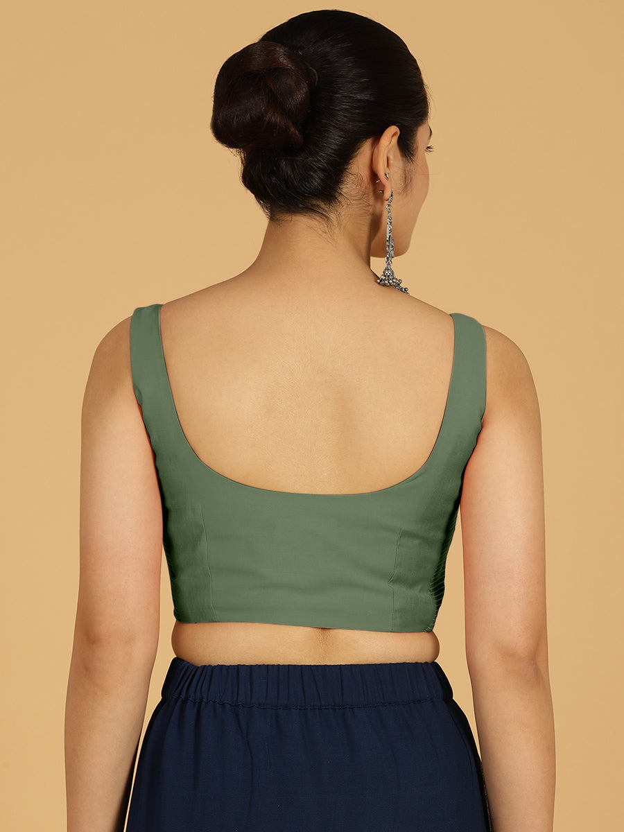 Nirma x Rozaana Saree Blouse, in Green Viscose, featuring sleeveless and square neckline, made for daily & work (view 2).