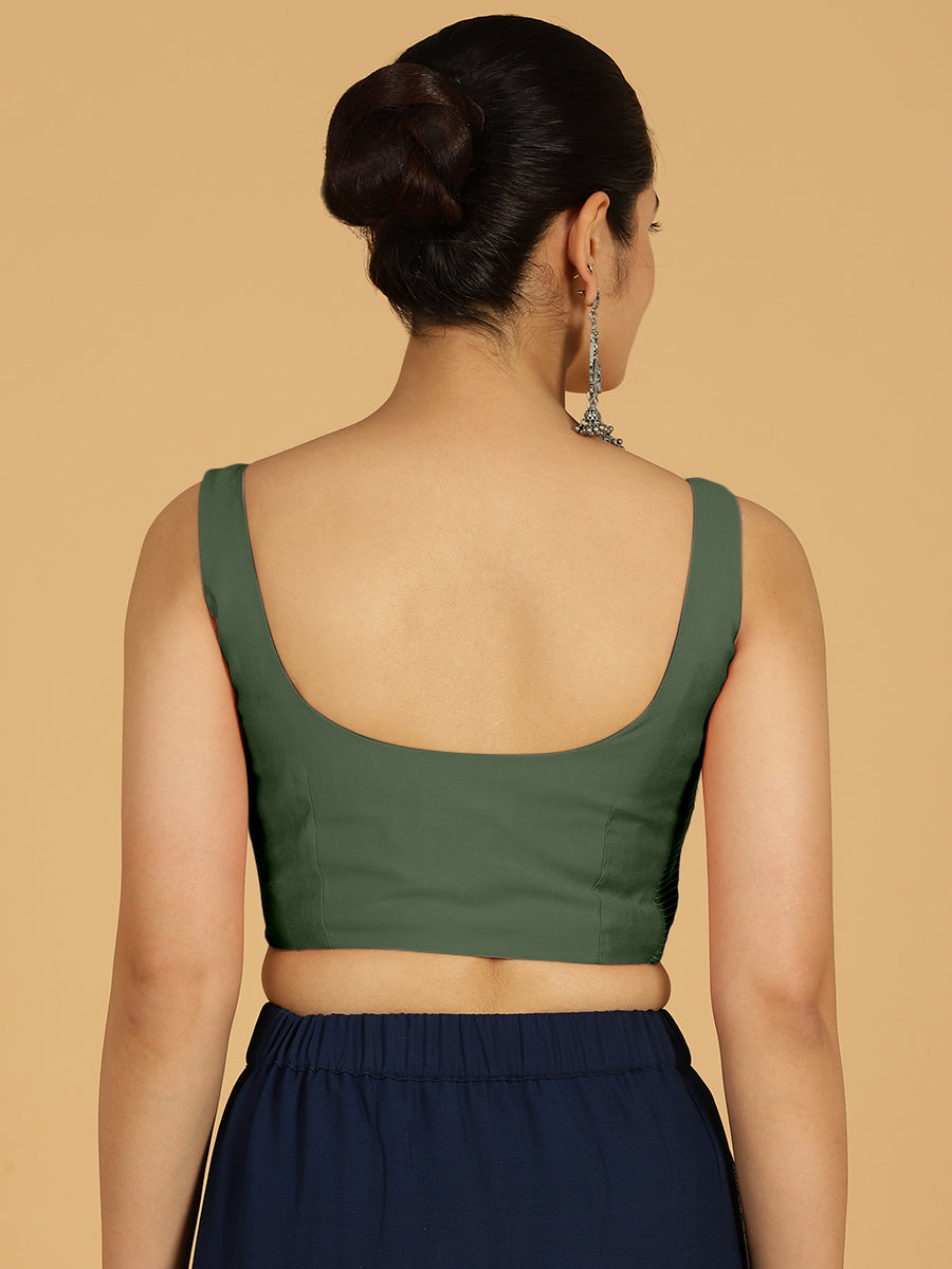 Nirma x Rozaana Saree Blouse, in Green Viscose, featuring sleeveless and square neckline, made for daily & work (view 2).