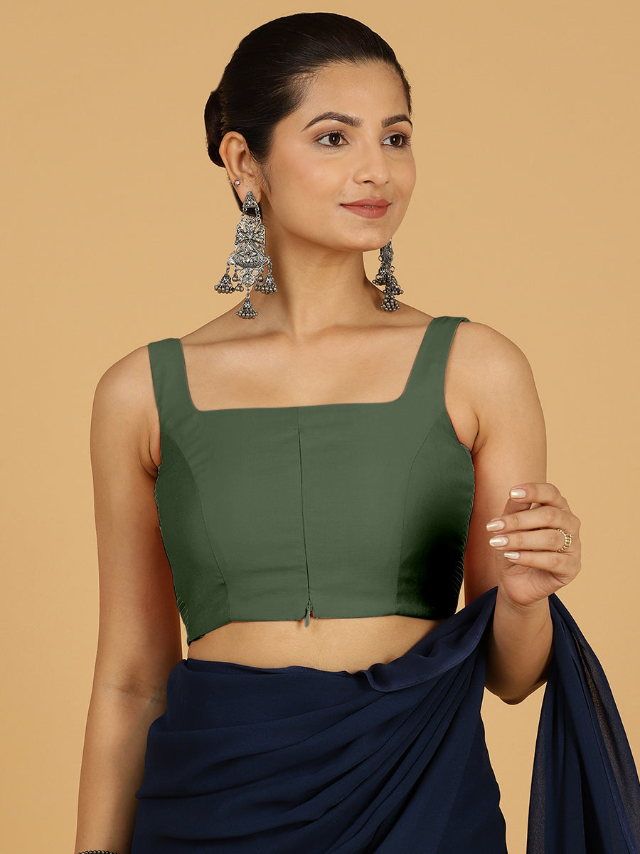 Nirma x Rozaana Saree Blouse, in Green Viscose, featuring sleeveless and square neckline, made for daily & work (view 6).