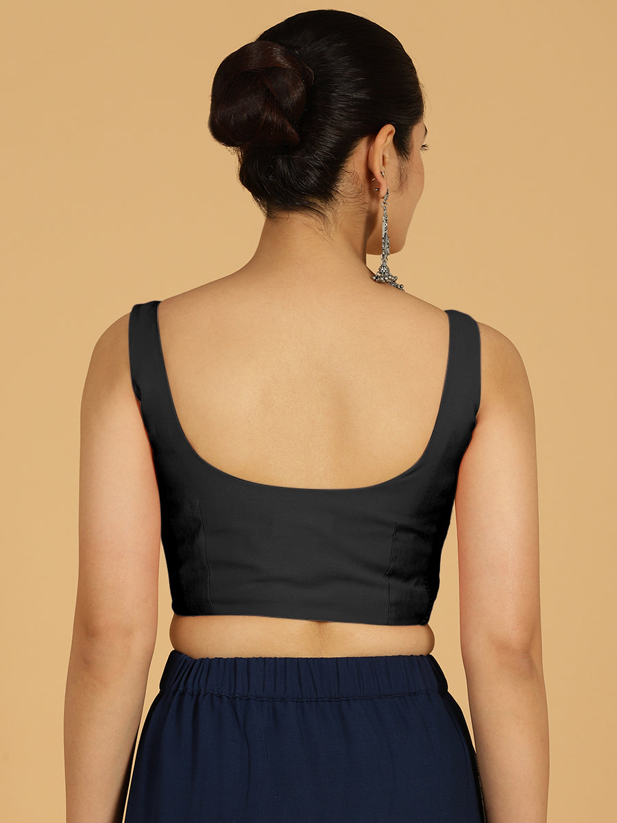 Nirma x Rozaana Saree Blouse, in Black Viscose, featuring sleeveless and square neckline, made for daily & work (view 2).