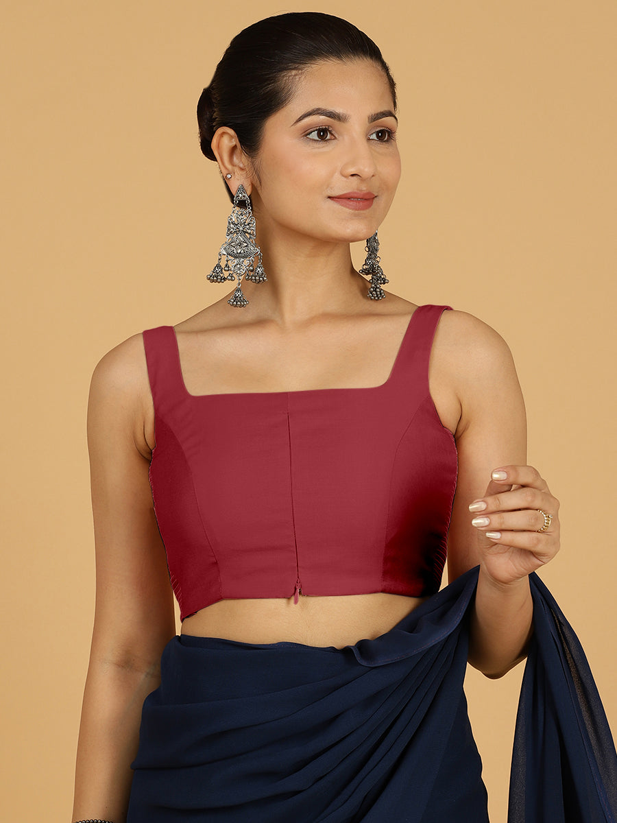 Nirma x Rozaana Saree Blouse, in Red Viscose, featuring sleeveless and square neckline, made for daily & work (view 6).