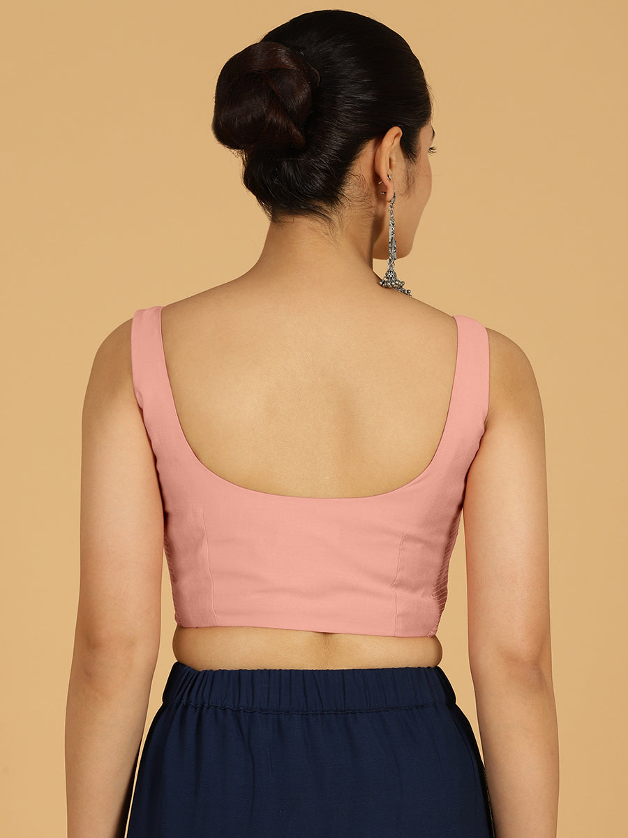 Nirma x Rozaana Saree Blouse, in Pink Viscose, featuring sleeveless and square neckline, made for daily & work (view 2).