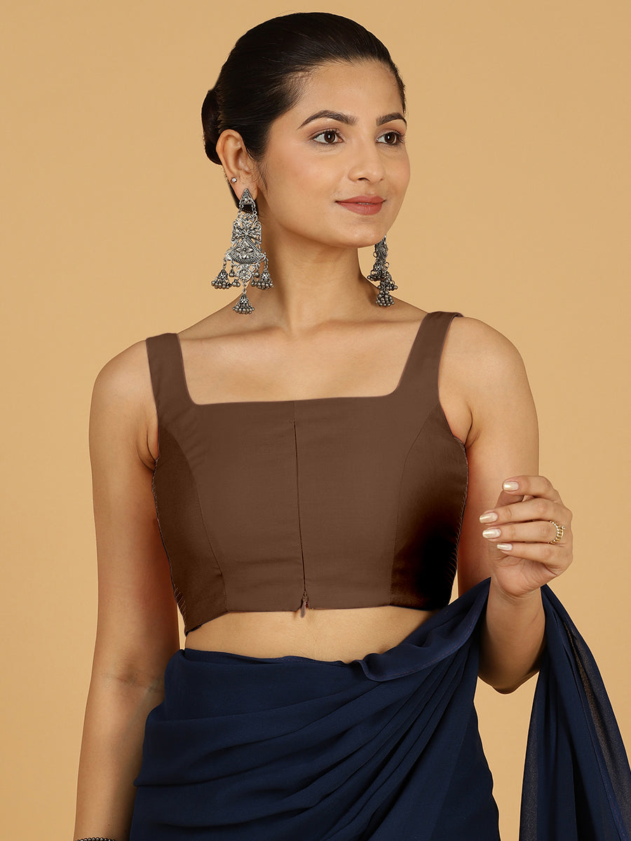 Nirma x Rozaana Saree Blouse, in Brown Viscose, featuring sleeveless and square neckline, made for daily & work (view 6).