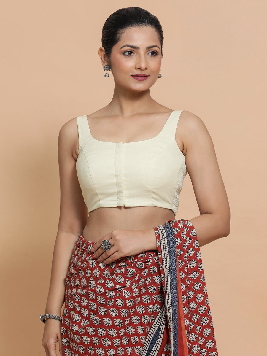 Nisha x Rozaana Saree Blouse, in White Linen, featuring sleeveless and round neckline, made for daily & work (view 5).