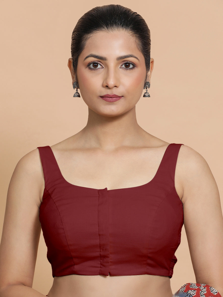 Nisha x Rozaana Saree Blouse, in Red Linen, featuring sleeveless and round neckline, made for daily & work (view 4).