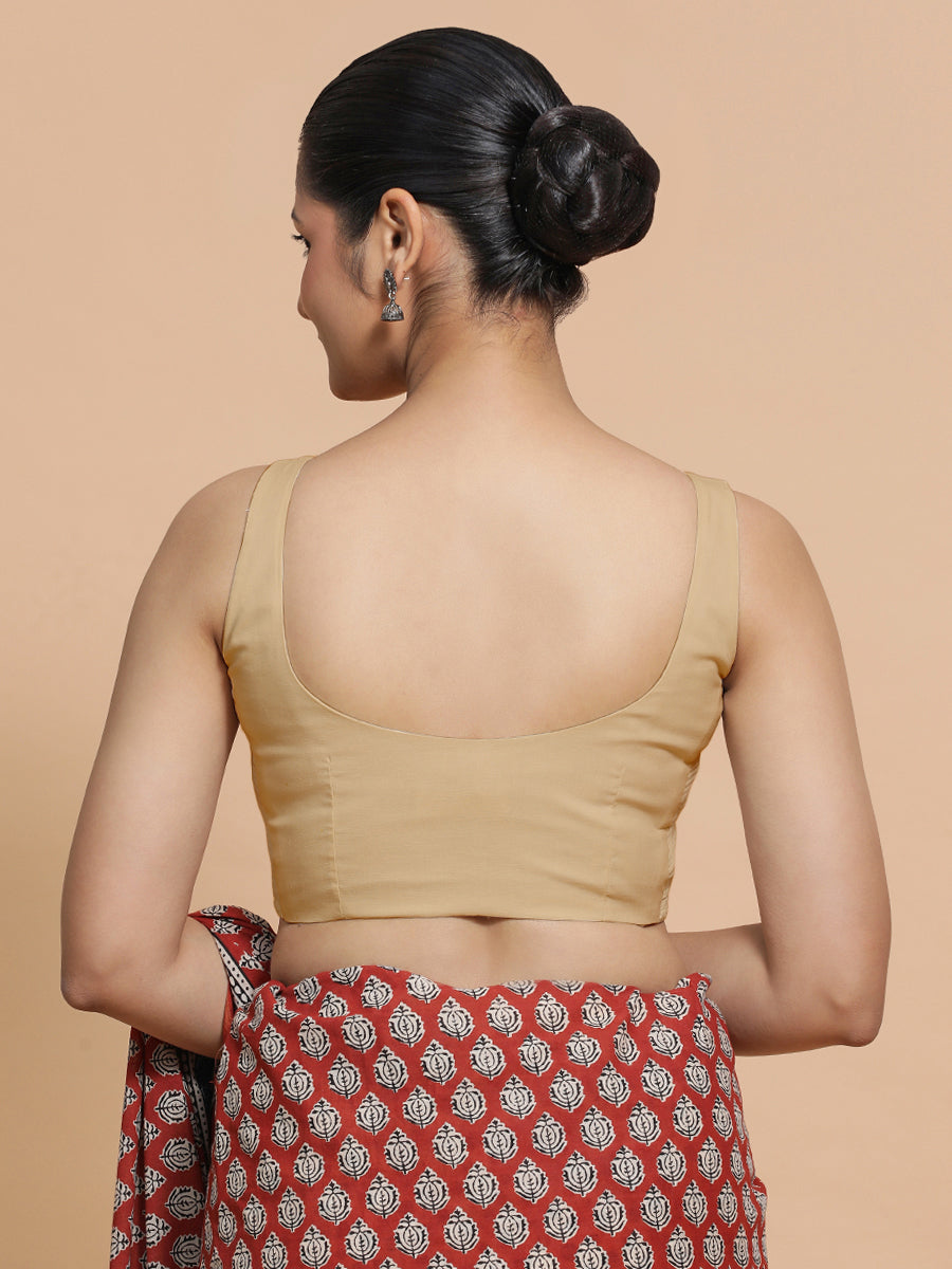 Nisha x Rozaana Saree Blouse, in Beige Linen, featuring sleeveless and round neckline, made for daily & work (view 2).