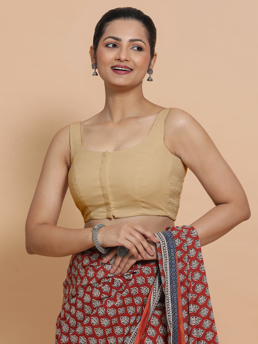 Nisha x Rozaana Saree Blouse, in Beige Linen, featuring sleeveless and round neckline, made for daily & work (view 7).