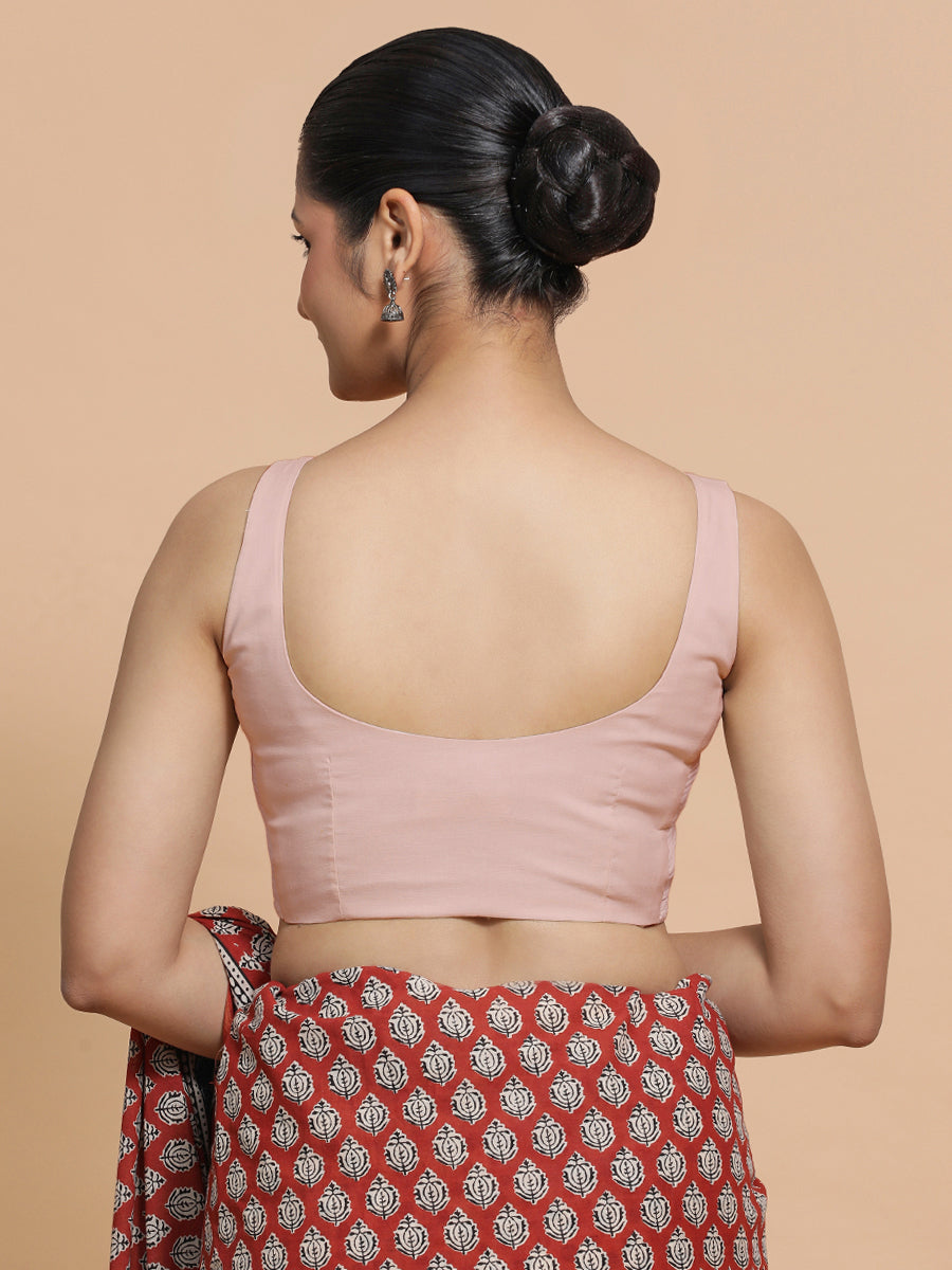 Nisha x Rozaana Saree Blouse, in Pink Linen, featuring sleeveless and round neckline, made for daily & work (view 2).