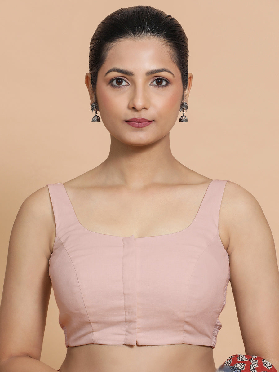 Nisha x Rozaana Saree Blouse, in Pink Linen, featuring sleeveless and round neckline, made for daily & work (view 4).