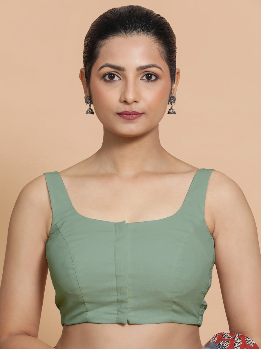 Nisha x Rozaana Saree Blouse, in Green Linen, featuring sleeveless and round neckline, made for daily & work (view 4).