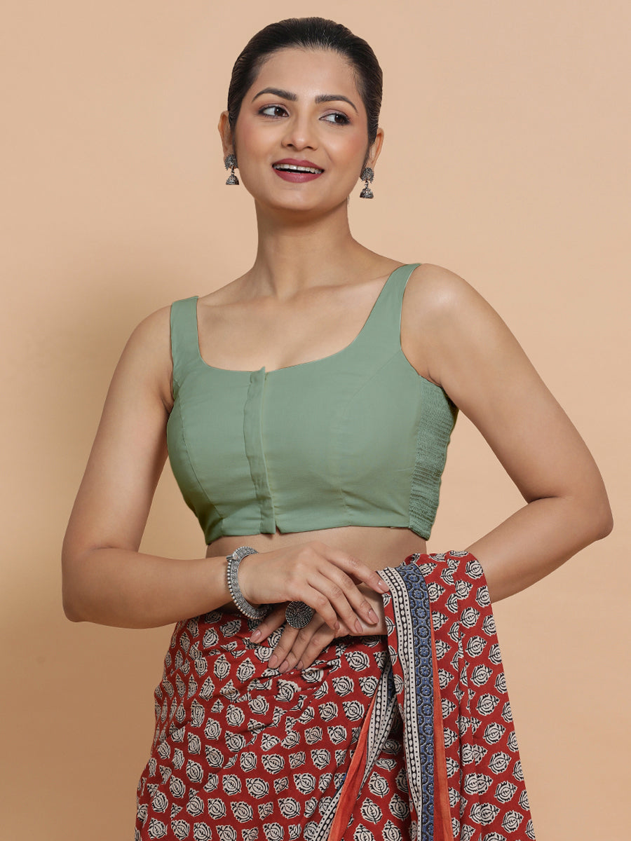Nisha x Rozaana Saree Blouse, in Green Linen, featuring sleeveless and round neckline, made for daily & work (view 5).