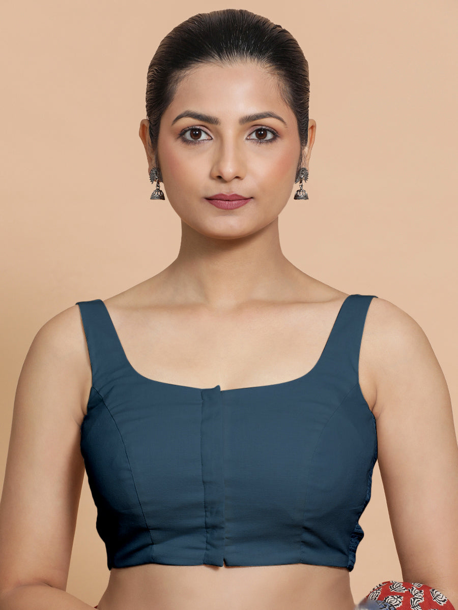 Nisha x Rozaana Saree Blouse, in Blue Linen, featuring sleeveless and round neckline, made for daily & work.